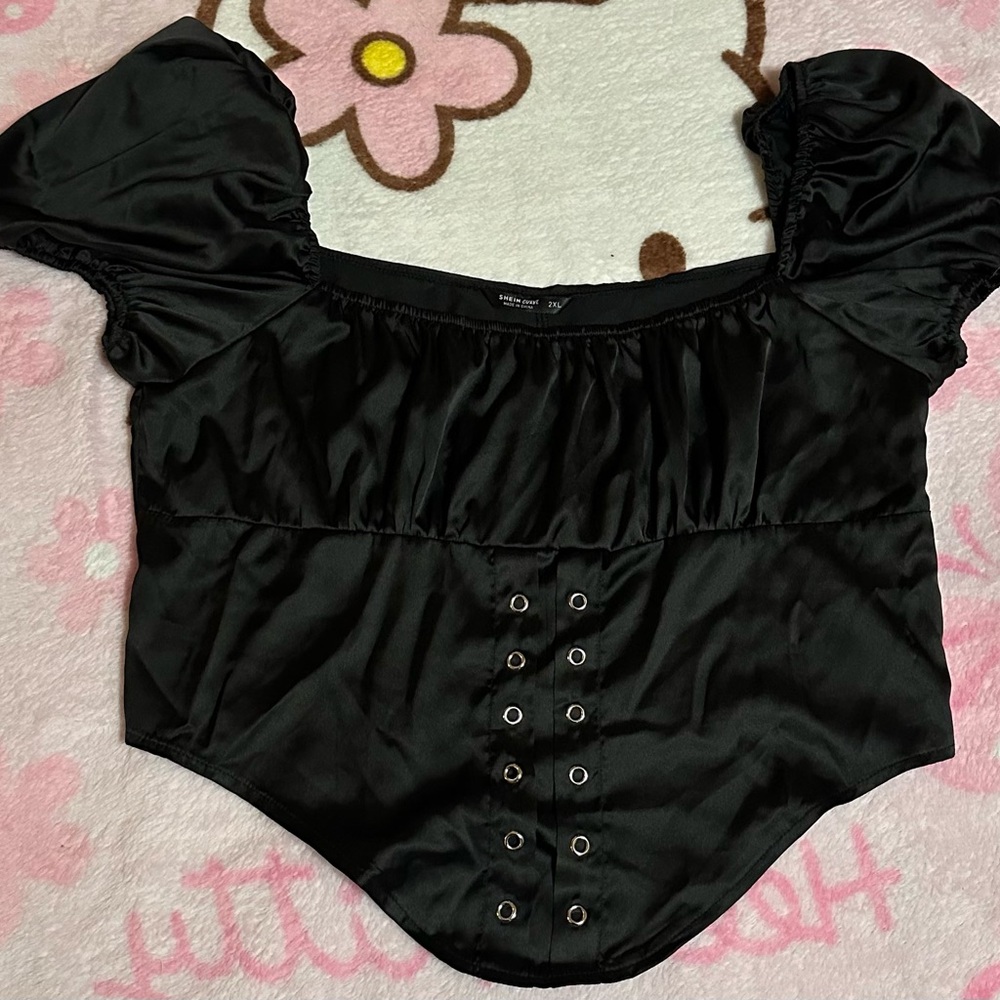 SHEIN Black Satin Puff Sleeve Blouse